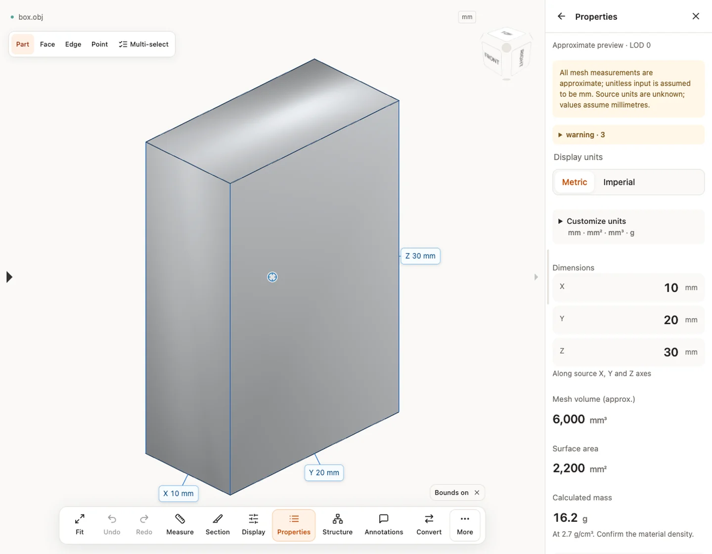 Properties — box.obj · 10 × 20 × 30 mm · 6,000 mm³ · 2,200 mm²