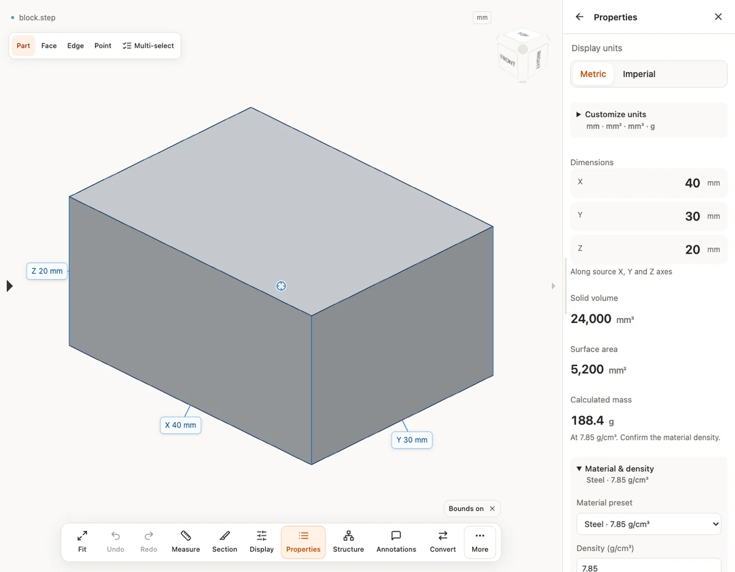 Material & density — block.step · 7.85 g/cm³ → 188.4 g
