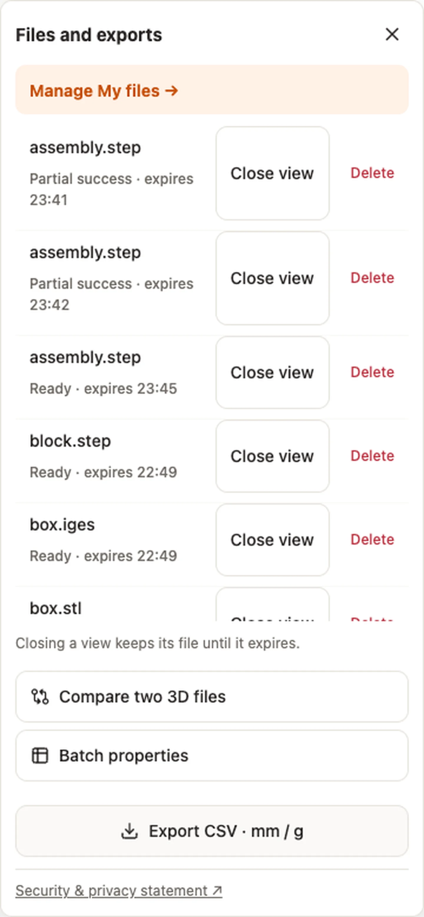 Export CSV · mm / g — block.step