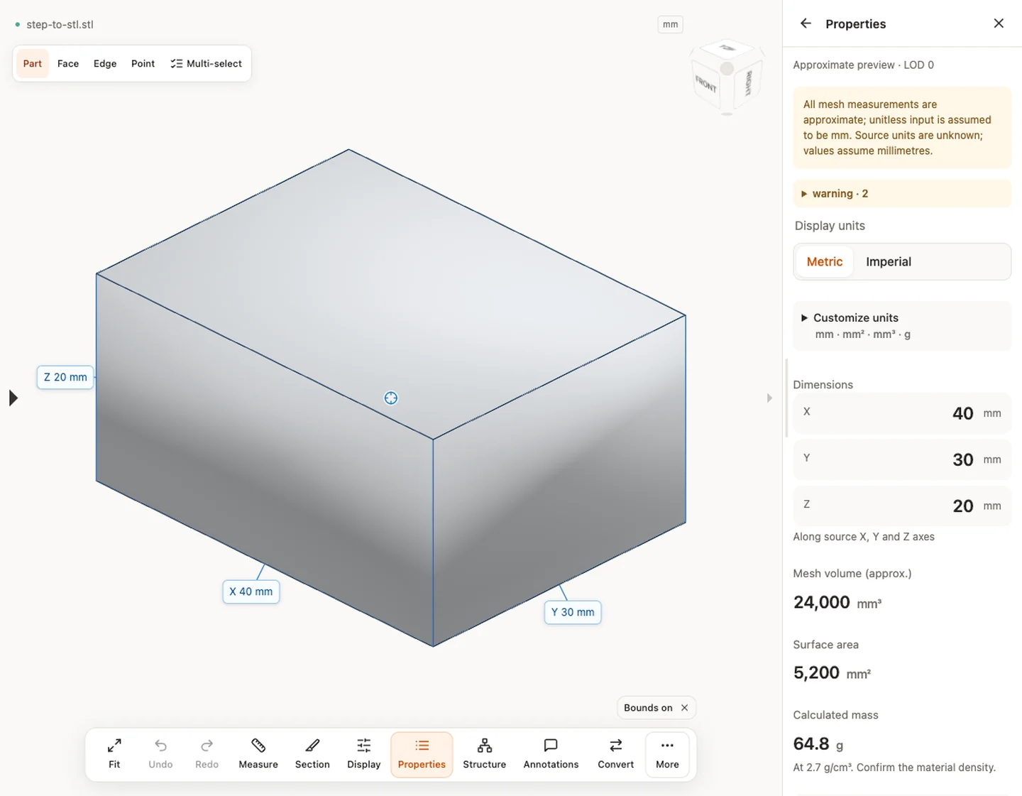 Properties — step-to-stl.stl · 40 × 30 × 20 mm · 24,000 mm³ · 5,200 mm²