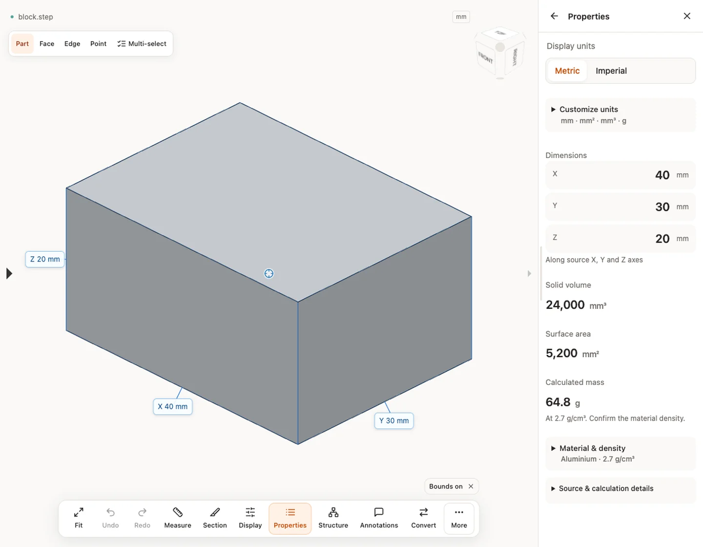 Properties — block.step · 40 × 30 × 20 mm · 24,000 mm³ · 5,200 mm²